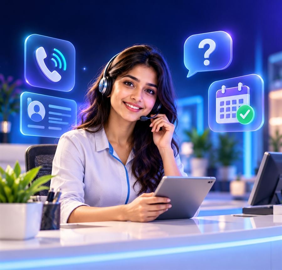 A friendly receptionist with a headset, ready to help